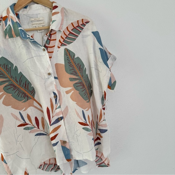 Cynthia Rowley Women’s Size L White Printed Floral Leafs Button-Up Shirt Blouse - Picture 2 of 6